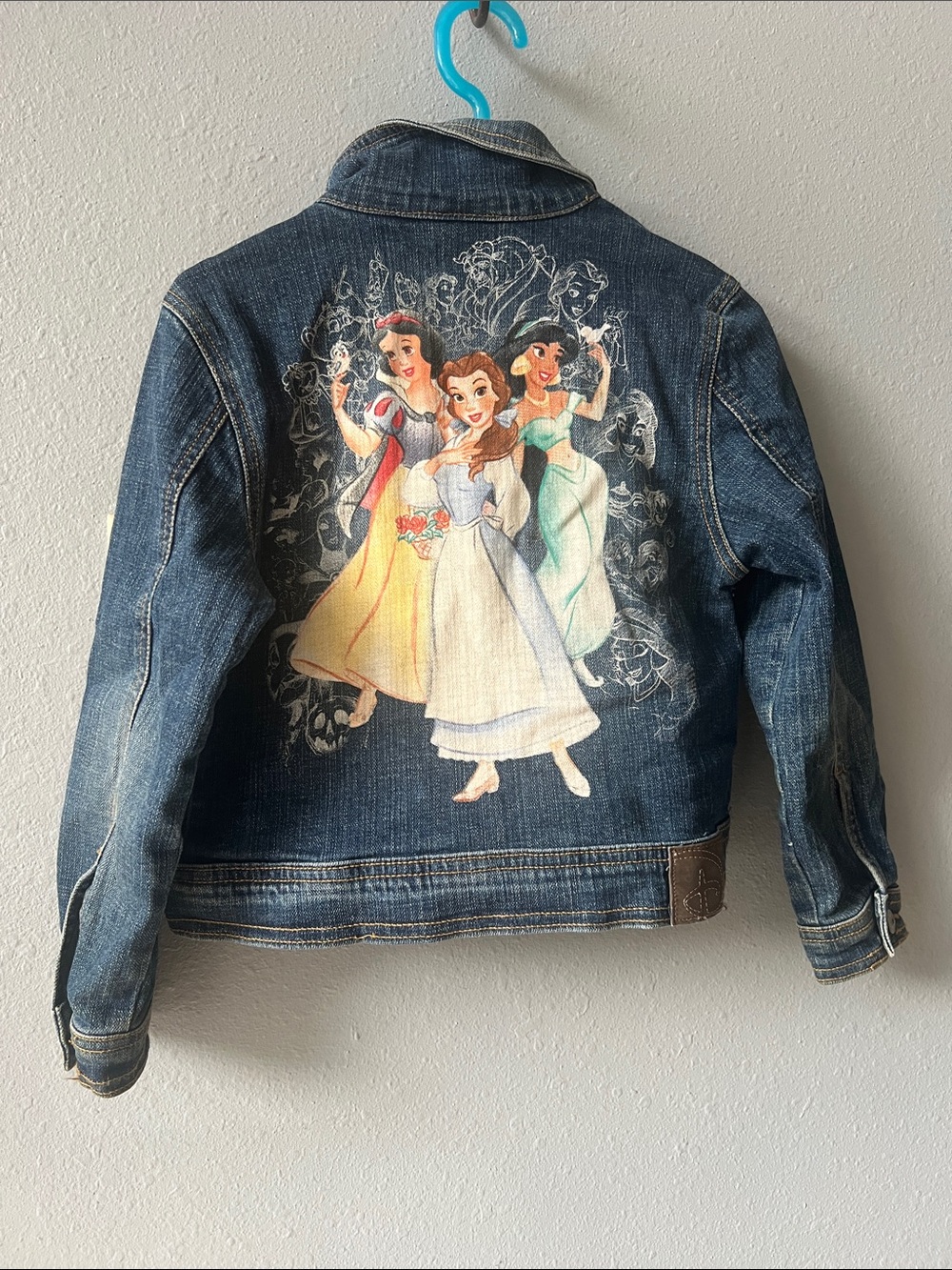 Disney Girls' Denim Jacket with Princess Back Art - Blue